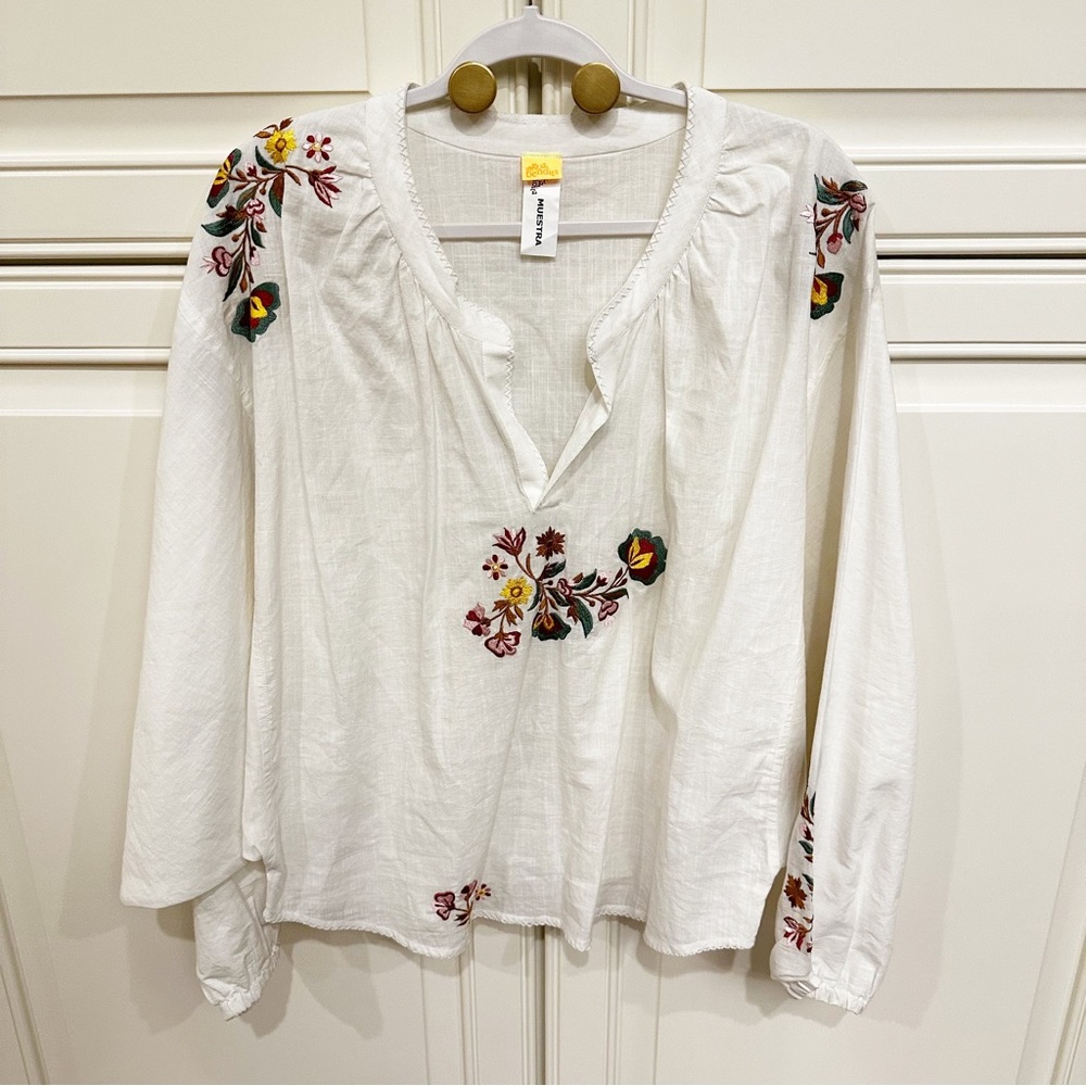 Agua Bendita Women’s Boho Embroidered Floral Peasant Top Blouse Tunic Sample Htf